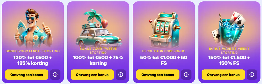 Goodman Casino welkomstbonussen voor de eerste vier stortingen met bonussen tot €1.500, gratis spins en extra kortingen